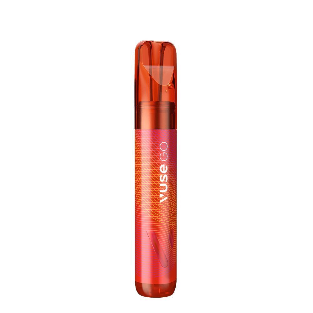 Berry Watermelon 20mg - Vuse GO 1000 Einweg Rote Einweg-E-Zigarette Vuse GO 1000 mit feinem Muster und transparentem Mundstück, Geschmacksrichtung Berry Watermelon 20mg sichtbar