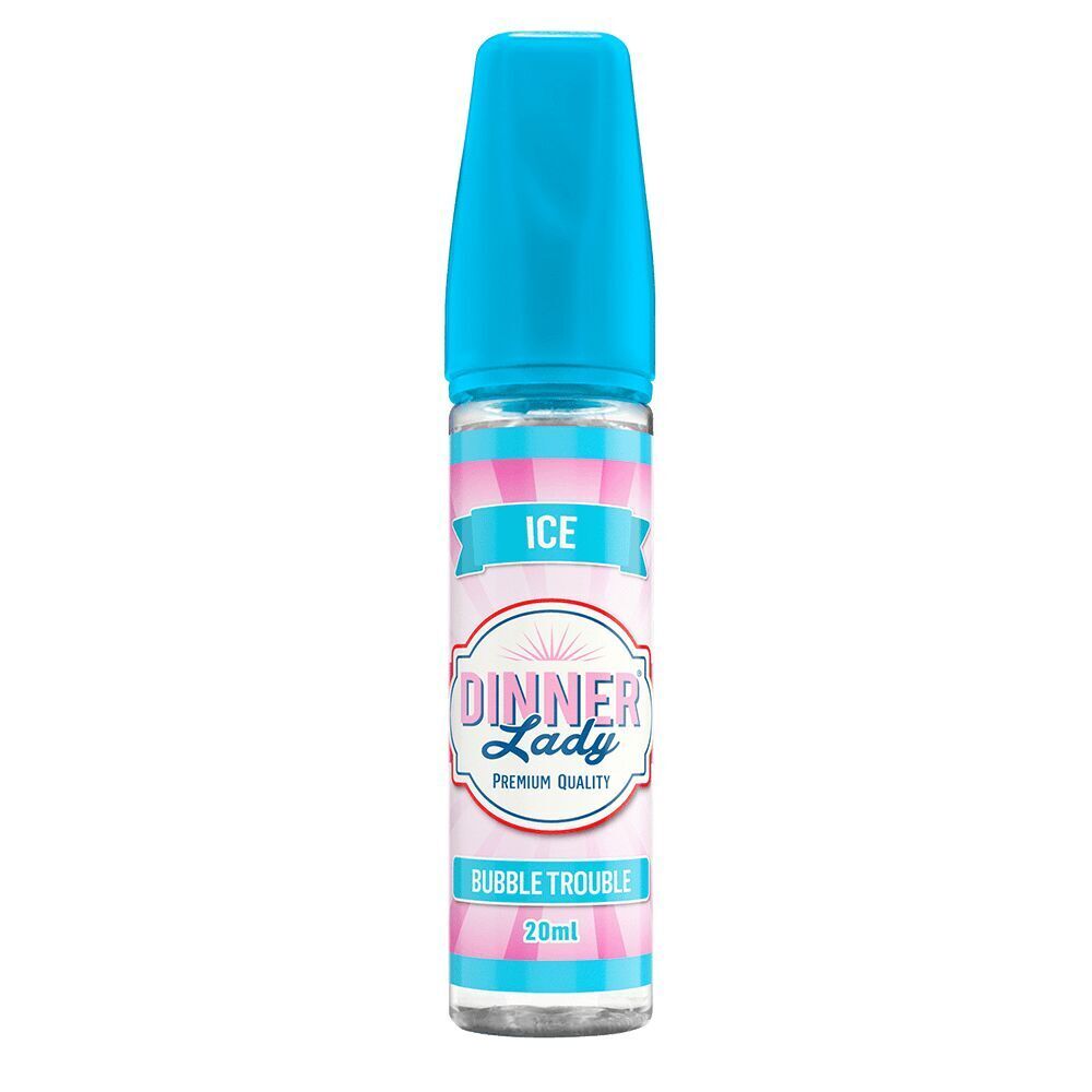 Aroma Bubble Trouble ICE von Dinner Lady Flasche mit blauem Deckel, Label "Dinner Lady Premium Quality" und "Bubble Trouble ICE" auf rosa-blauem Hintergrund, 20ml.