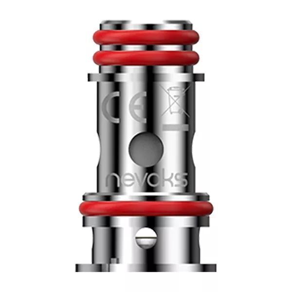 SPL-10 Verdampferkopf von Nevoks mit rotem Dichtungsring, CE- und Entsorgungssymbol sowie "nevoks" Branding.
