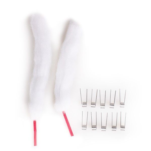 Vapefly TGo RBA 0,6 Ohm Coils + Watte Vapefly TGo RBA 0,6 Ohm Verdampferköpfe mit zwei langen weißen Wattepads und mehreren kleinen Metallspulen auf einer weißen Oberfläche