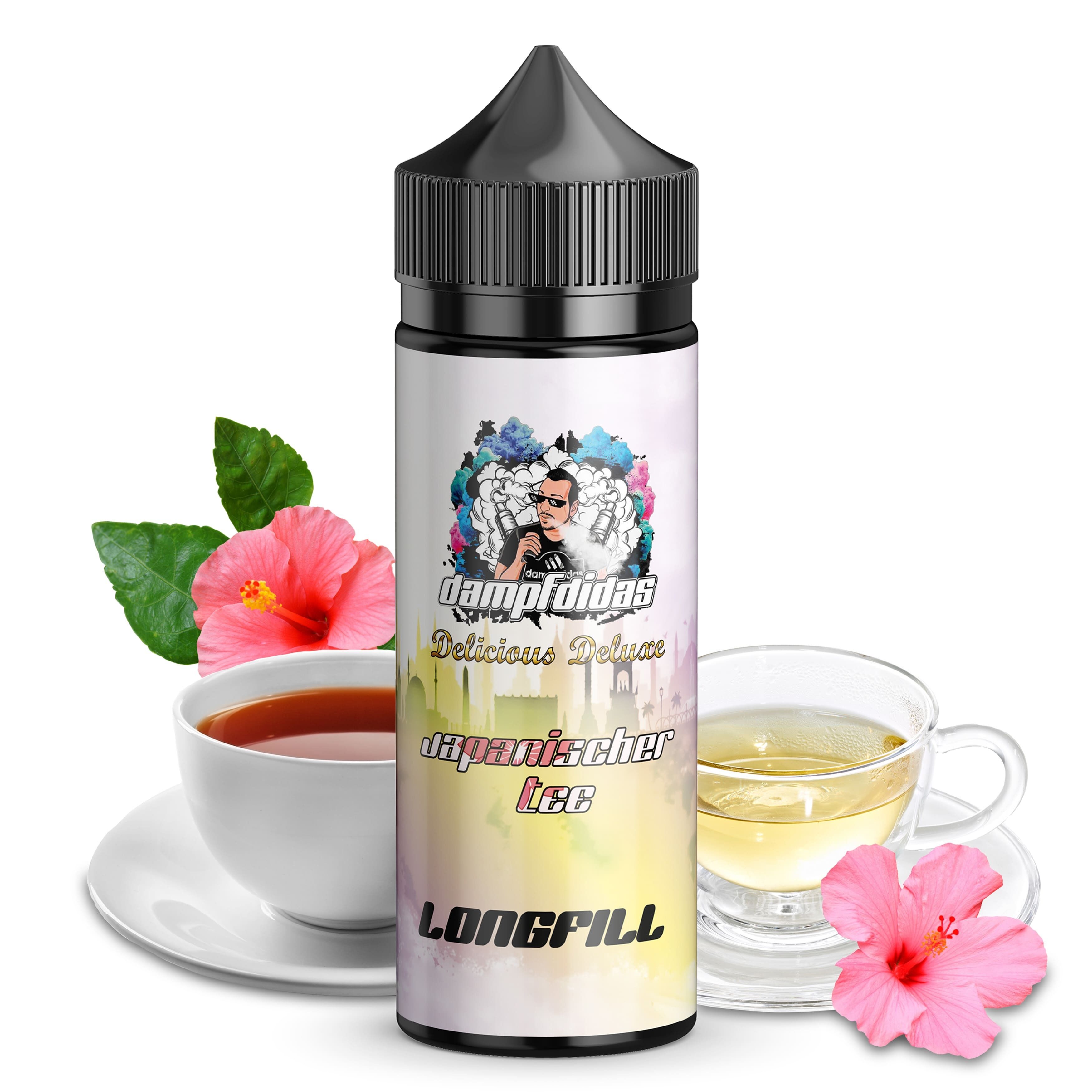 Aroma Japanischer Tee - Dampfdidas Flasche Dampfdidas Aroma Japanischer Tee mit grafischem Label, umgeben von Teetassen, grünen Blättern und rosa Blüten.