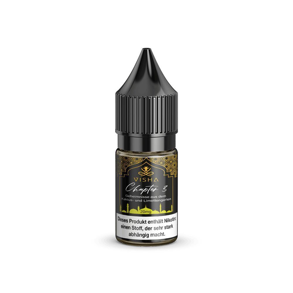 Liquid Chapter 3 - Visha Flasche Visha Nikotinsalz Chapter 3 mit schwarzem Verschluss und goldenen Verzierungen, enthält 20mg Nikotin, Warnhinweis unten.