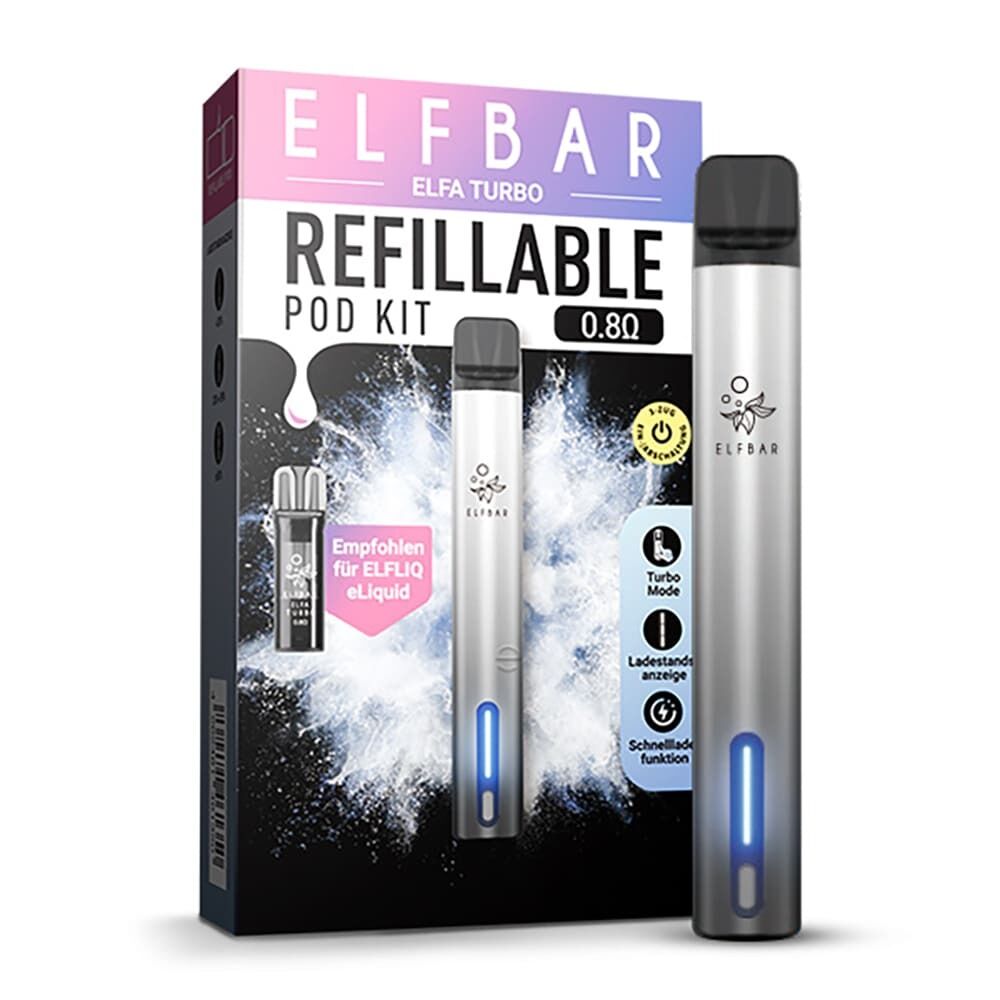 Elfa Turbo Pod Kit von Elf Bar in der Farbe Aurora Black Elfbar ELFA Turbo Pod Kit in Aurora Black neben Verpackung mit Aufschrift "Refillable Pod Kit" und blau leuchtendem Button