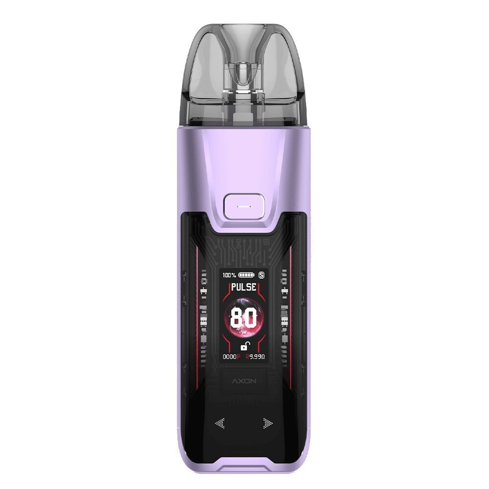 Vaporesso Luxe XR Max 2 Pod Kit - Flowing Purple Vaporesso Luxe XR Max 2 Pod Kit in Flieder mit durchsichtigem Mundstück, Display zeigt "PULSE" und "80", rechteckiger Knopf darunter.
