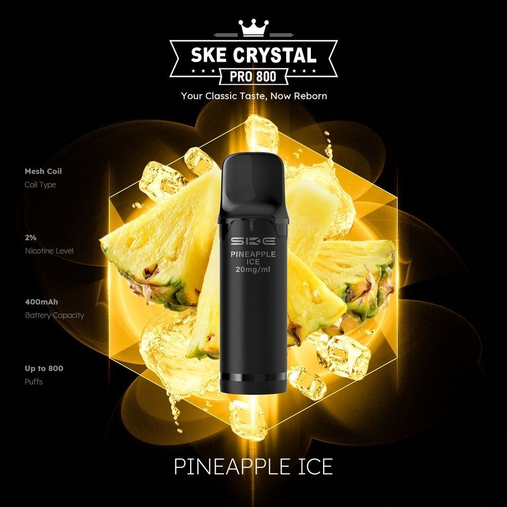 SKE Crystal 800 Pro Pods - Pineapple Ice SKE Crystal Pro Pineapple Ice Pod 20mg, schwarzes Gehäuse, umgeben von Ananas und Eiswürfeln, mit 400mAh Kapazität und bis zu 800 Zügen