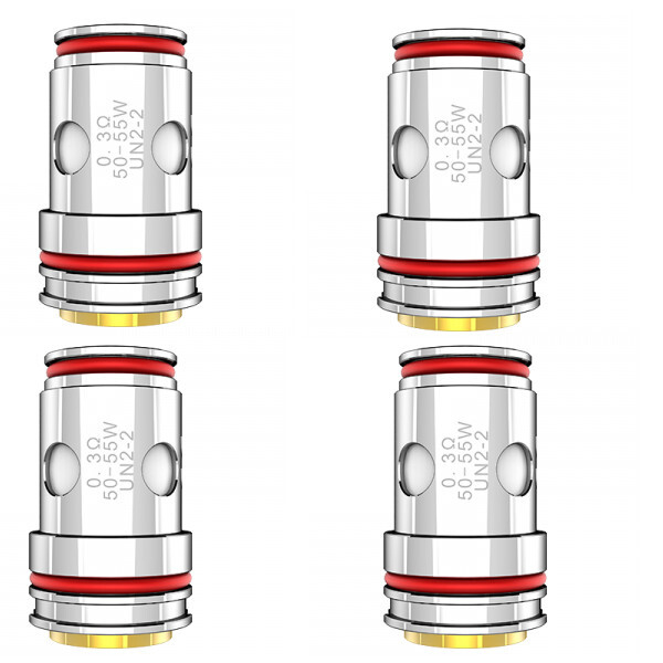 Vier silberne Uwell Crown 5 Coils 0,3 Meshed mit roten Dichtungsringen und 50-55W Leistungsangabe, symmetrisch angeordnet.