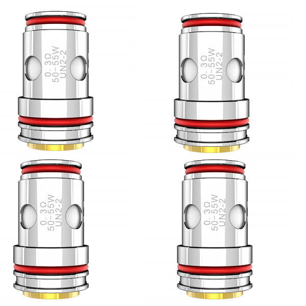 Uwell Crown 5 Coils 0,3 Meshed (4 St.) Vier silberne Uwell Crown 5 Coils 0,3 Meshed mit roten Dichtungsringen und 50-55W Leistungsangabe, symmetrisch angeordnet.