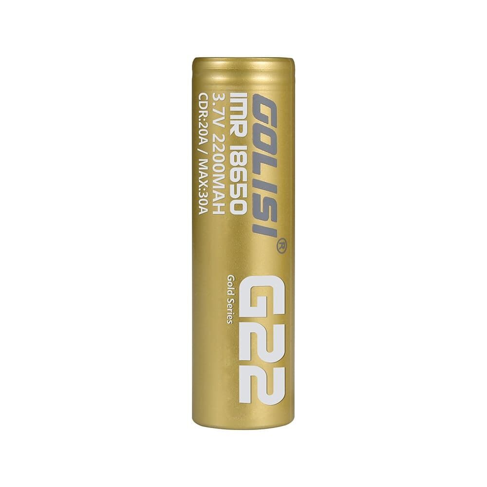 Golisi G22 Akku 18650 2500mAh Goldener Golisi G22 Akku 18650 mit 2500mAh Kapazität, 3.7V, Aufdruck "IMR 18650", "G22", "CDR 20A/MAX 30A", "Gold Series" sichtbar.