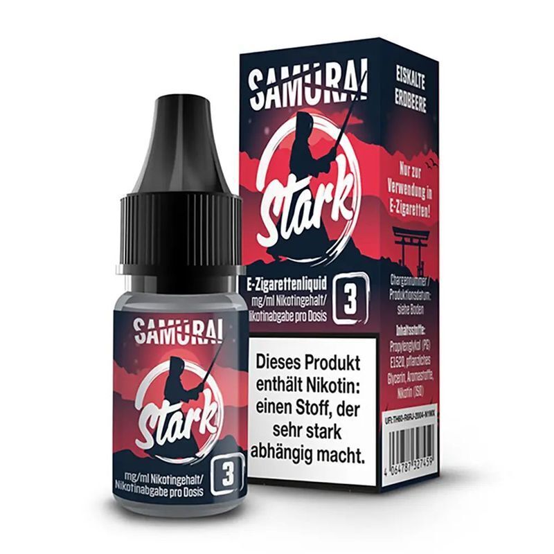 Liquid Stark mit 3mg Nikotin von Samurai Samurai Liquid Stark 3mg E-Zigarettenliquid mit Nikotinhinweis, Verpackung in Rot und Schwarz zeigt Samurai-Silhouette und Schriftzug "Stark"