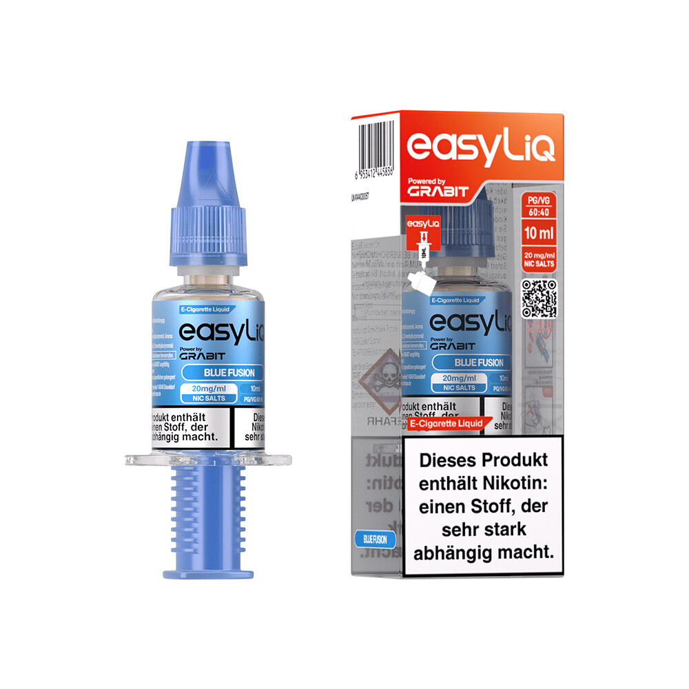 Grabit EasyLiQ Liquid - Blue Fusion 20mg Grabit EasyLiQ Liquid Blue Fusion 20mg E-Liquid-Flasche mit blauem Verschluss, teilweise in transparentem Karton, enthält Nikotin, Warnhinweis sichtbar.