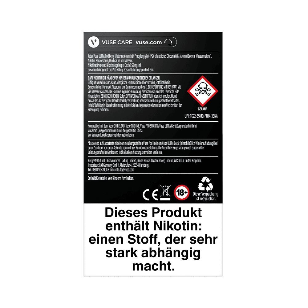 Vuse Ultra Pods - Berry Watermelon 20mg Schwarze Verpackung der Vuse Ultra Pods Berry Watermelon 20mg mit Gefahrenhinweis und deutlichem Hinweis auf Nikotinabhängigkeit
