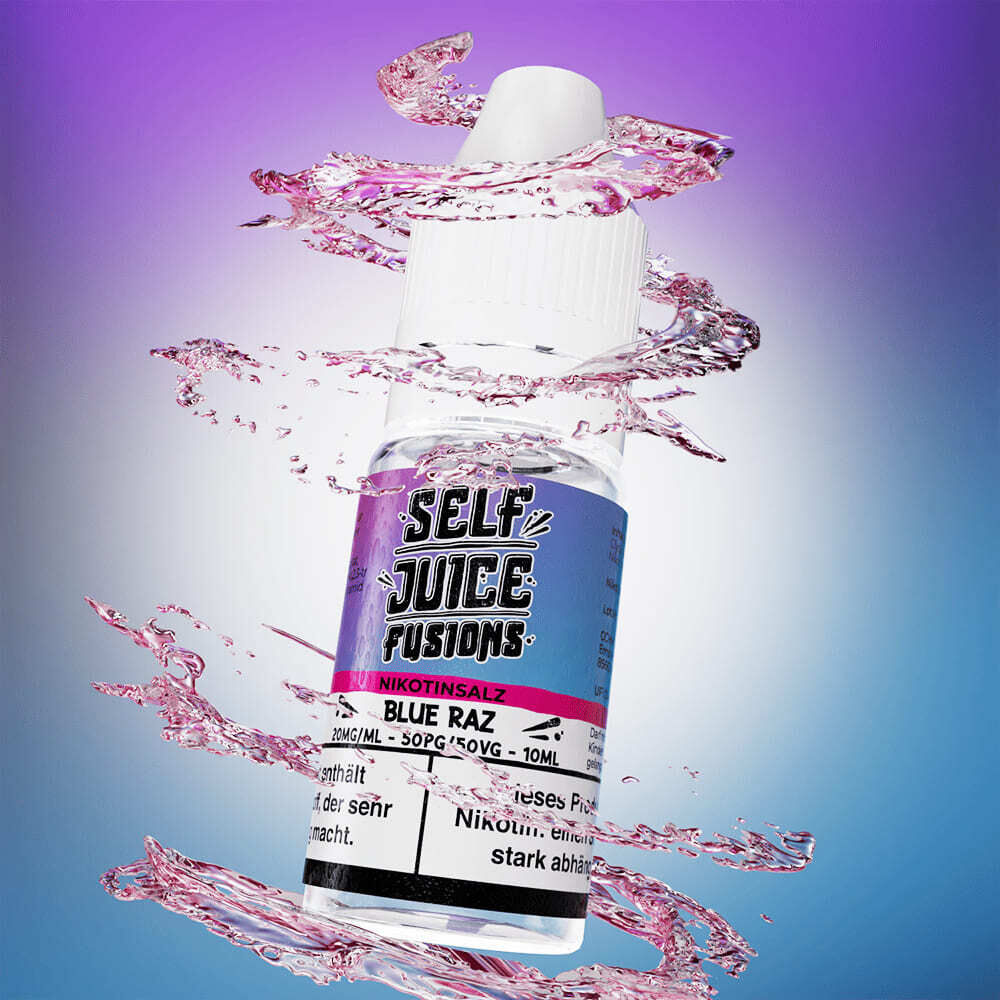 Liquid Blue Raz von Self Juice Eine Flasche Self Juice Nikotinsalz Blue Raz, umgeben von spritzendem Wasser auf einem lila-blauen Hintergrund.