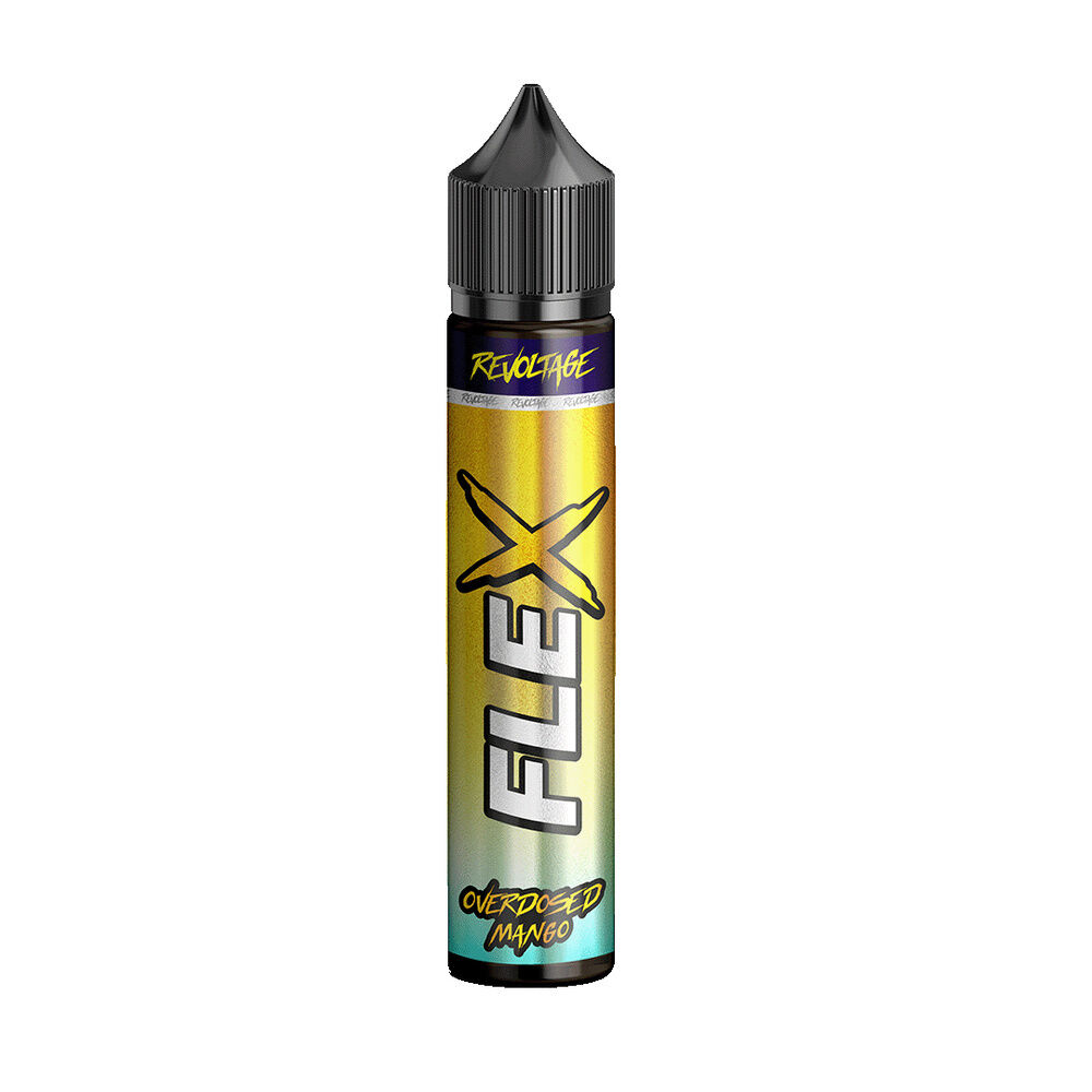 Revoltage Flex Longfill Aroma Mango Flasche mit schwarzem Verschluss, stilvollem Farbdesign und großem "FLEX" Schriftzug auf dem Etikett.