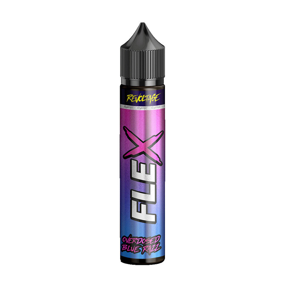 revoltage-flex-longfill-aroma-blue-razz-7ml E-Liquid Flasche mit dem Label Flex Aroma in blau-violettem Farbverlauf, Text "Overdosed Blue Razz" und schwarzem Verschluss.