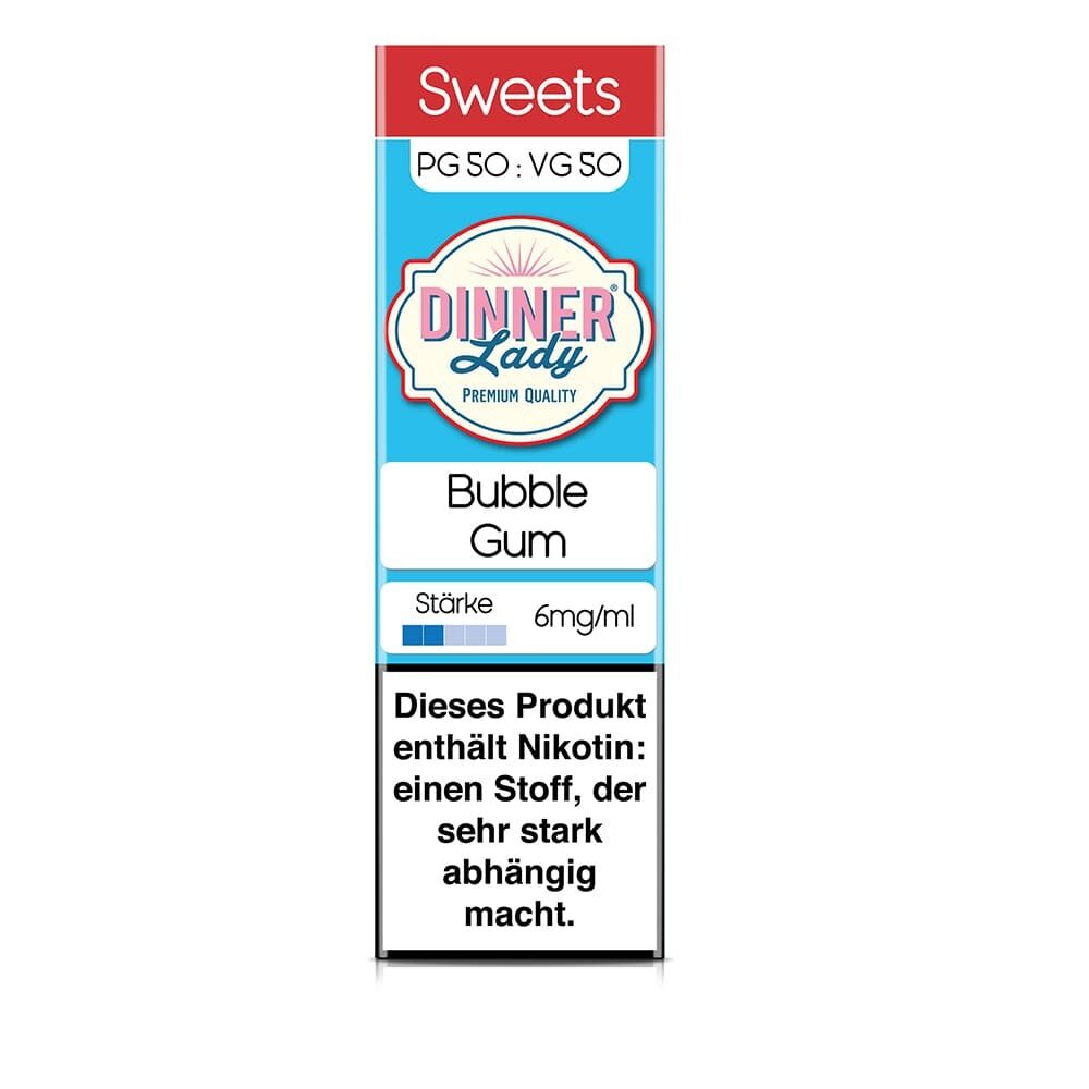 Dinner Lady Liquid Bubblegum 6mg, in hellblauer Verpackung mit rotem „Sweets“-Label und Nikotinwarnung, PG50:VG50 angegeben.