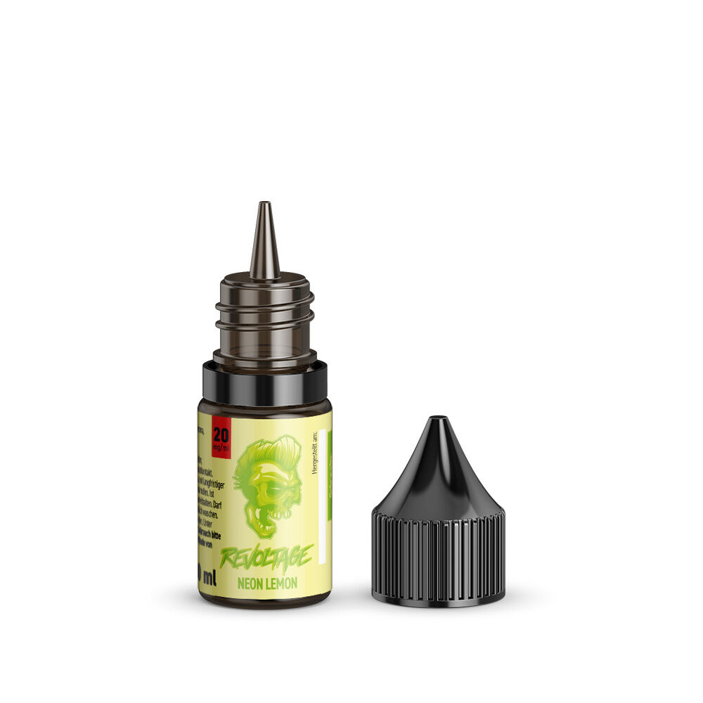 revoltage-hybrid-liquid-neon-lemon-20mg_3 Revoltage Hybrid Liquid Neon Lemon 20mg Flasche mit schwarzem Deckel, Frontetikett zeigt grafisches Logo und Produktinformationen.