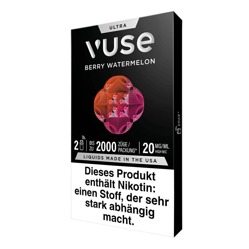 Vuse Ultra Pods - Berry Watermelon 20mg Verpackung von Vuse Ultra Pods Berry Watermelon 20mg mit einem geometrischen Design und dem Hinweis auf Nikotinsuchtgefahr.