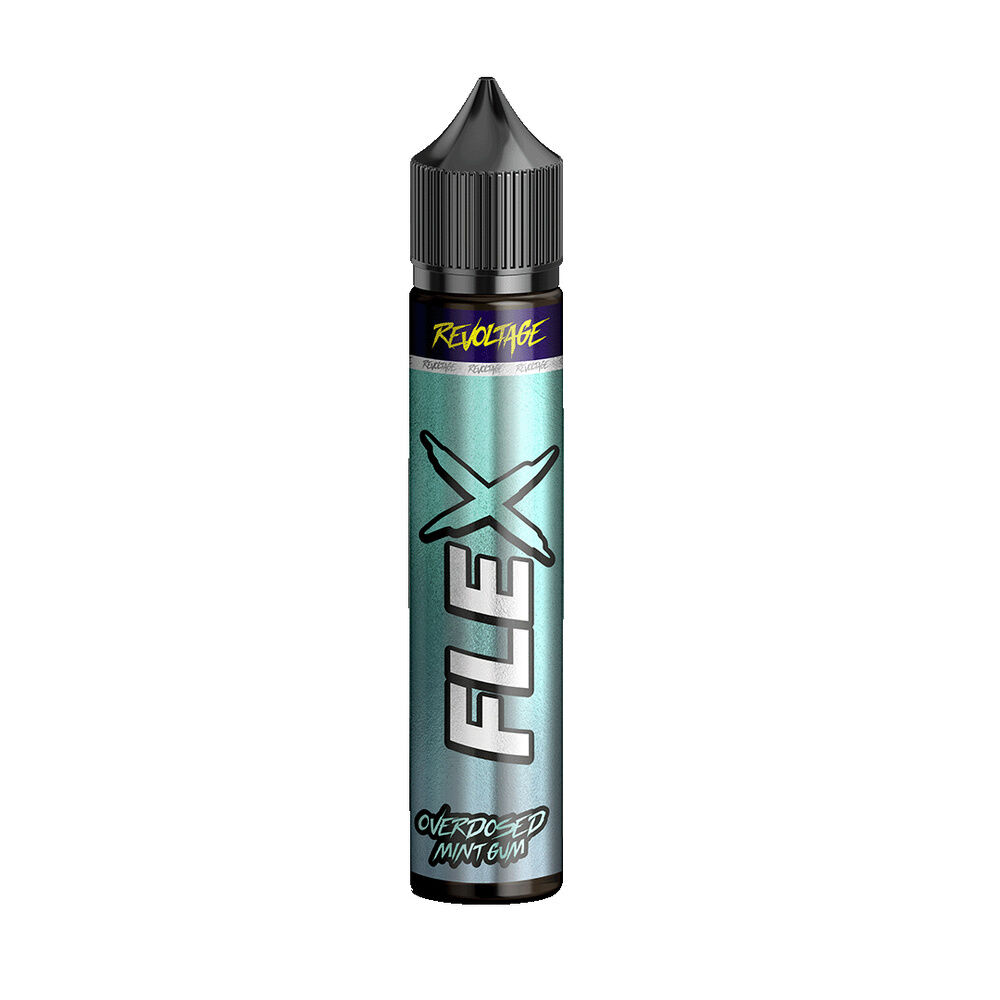 Revoltage Flex Longfill Aroma in einer grünen Flasche mit schwarzem Deckel, beschriftet mit "FLEX X" und "Overdosed Mint Gum" auf der Vorderseite.