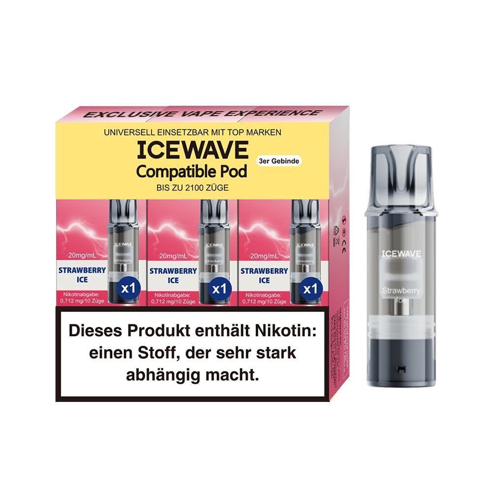 Icewave Pods - Strawberry Ice 20mg Icewave Pods Strawberry Ice 20mg Packung mit 3 Pods, Hinweis: Dieses Produkt enthält Nikotin, einen Stoff, der sehr stark abhängig macht.