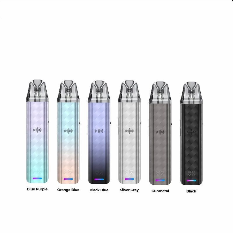 Oxva Xlim SE 2 Pod Kit Oxva Xlim SE 2 Pod Kit in sechs Farben: Blue Purple, Orange Blue, Black Blue, Silver Grey, Gunmetal und Black, mit markanten Mustern.