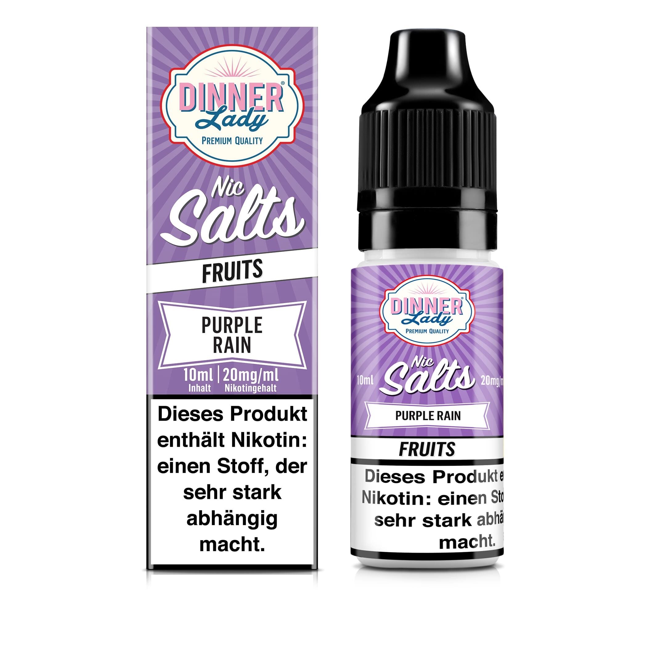 Liquid Purple Rain mit 20mg Nikotin von Dinner Lady Dinner Lady Nikotinsalz Purple Rain, 20mg, 10ml Flasche und Verpackung in lila Design, Warnhinweis zu Nikotin-Inhalt.