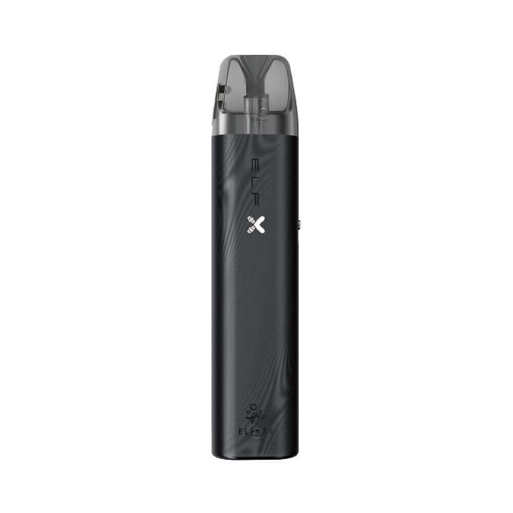 Elfbar Elfx Refillable Pod Kit Elfbar Elfx Pod Kit in Schwarz mit klarer Mundstückkappe und dezenter LED-Anzeige.