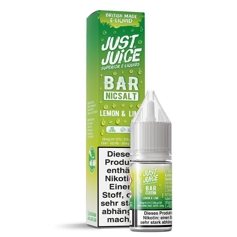 Liquid Lemon & Lime 20mg - Just Juice Just Juice Nicsalt Flasche und Verpackung mit Lemon & Lime Geschmacksangabe, 20mg Stärke, grüne und weiße Gestaltung, Warnhinweis sichtbar.