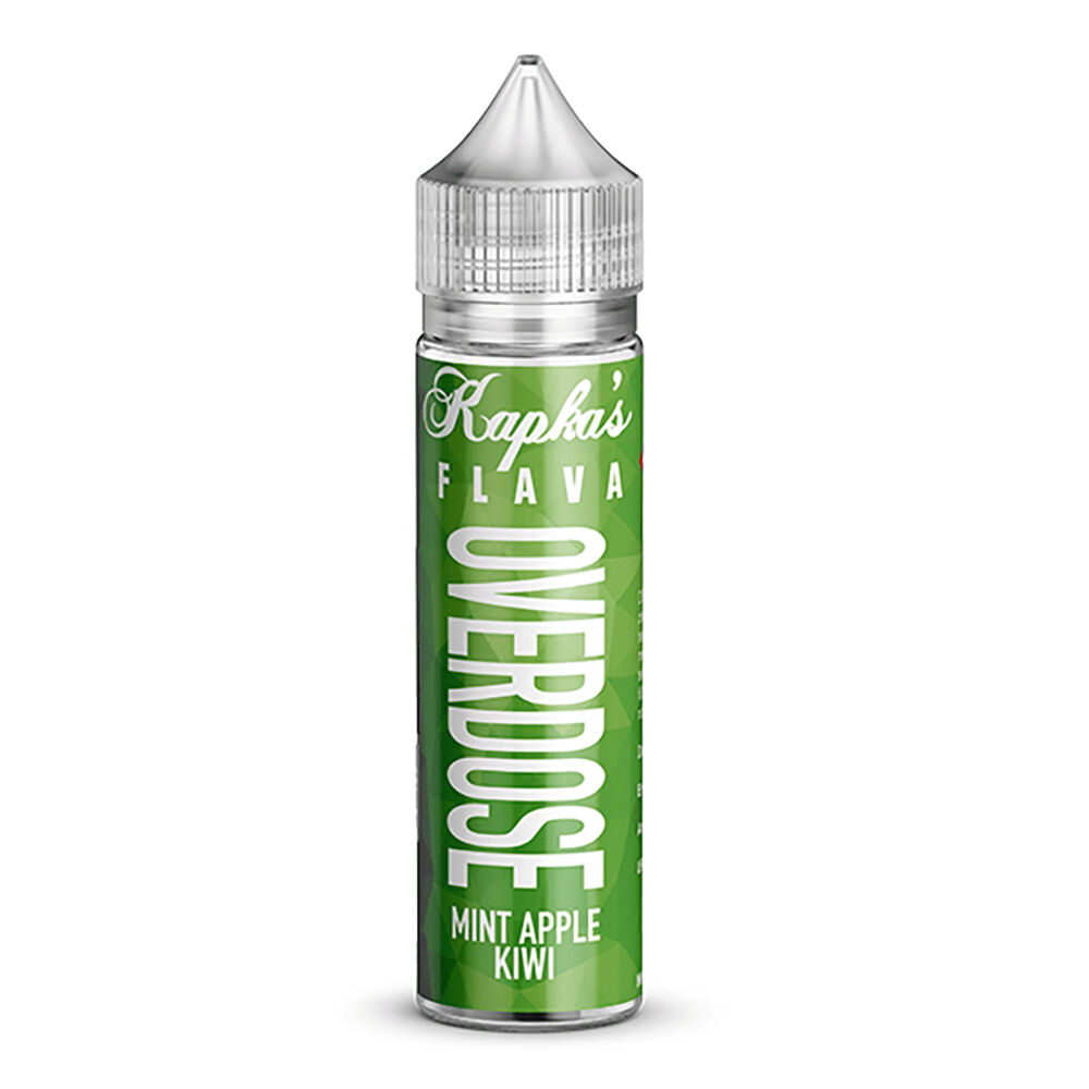 Grüne Flasche von Kapka's Overdose Aroma mit dem Text "Mint Apple Kiwi" und transparentem Verschluss