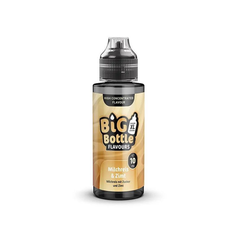 Aroma Milchreis & Zimt von Big Bottle Flavours Flasche Big Bottle Flavours Aroma Milchreis & Zimt, 10 ml, mit Text "Milchreis mit Zucker und Zimt" auf beigem Etikett.
