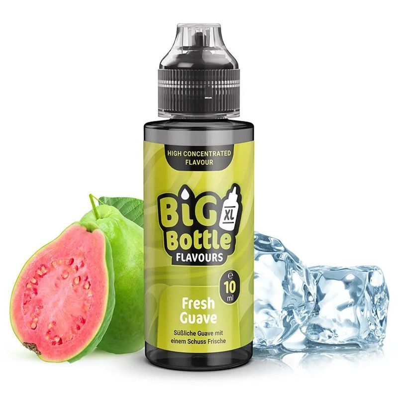 Aroma Fresh Guave von Big Bottle Flavours Big Bottle Flavours Aroma - Fresh Guave mit 10 ml Inhalt, daneben eine aufgeschnittene Guave und Eiswürfel im Hintergrund.