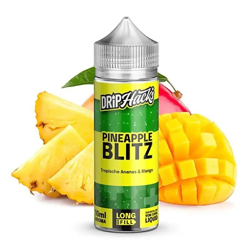 Aroma Pineapple Blitz von Drip Hacks Drip Hacks Aroma Pineapple Blitz Flasche vor frischen Ananas- und Mango-Stückchen, grünes und gelbes Etikett mit Longfill-Hinweis.