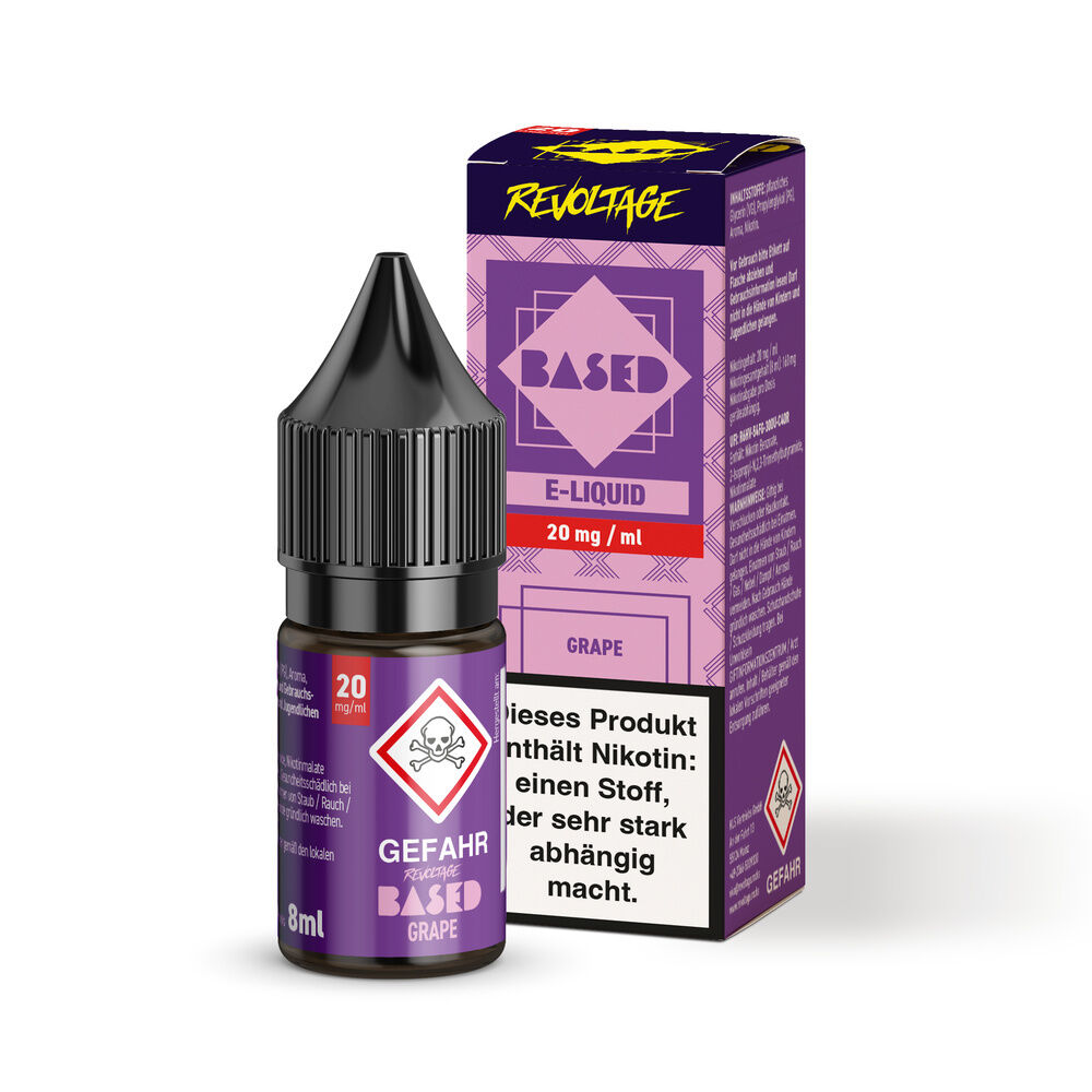 Flasche und Verpackung eines E-Liquids von Revoltage in Grape-Geschmack, 20 mg/ml Nikotin, mit Warnhinweisen auf lila Hintergrund.