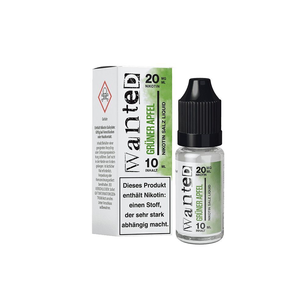 Liquid grüner Apfel von Wanted Flasche und Verpackung von Wanted Nikotinsalz Liquid grüner Apfel, 10 ml, 20 mg/ml, Warnhinweise auf der Verpackung sichtbar