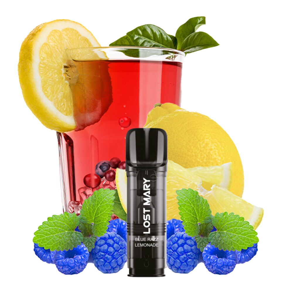 Blue Razz Lemonade 20mg - Lost Mary Tappo Pods Vape Pod Blue Razz Lemonade von Lost Mary mit einem Glaskrug Zitronenlimonade und frischen Beeren im Hintergrund