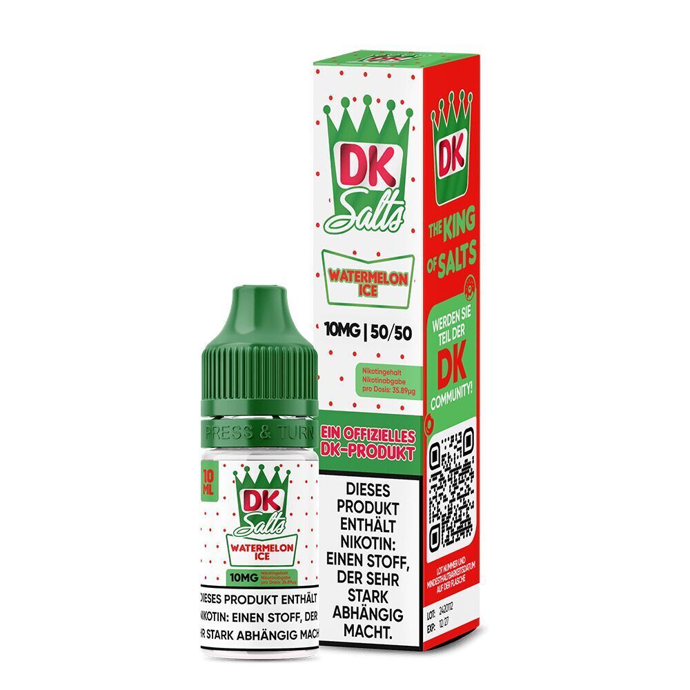 Liquid Watermelon Ice 10mg - DK Salts Flasche DK Salts Nikotinsalz Watermelon Ice mit 10 mg, daneben passende Verpackung mit Marken- und Nikotinhinweis 10 ml.