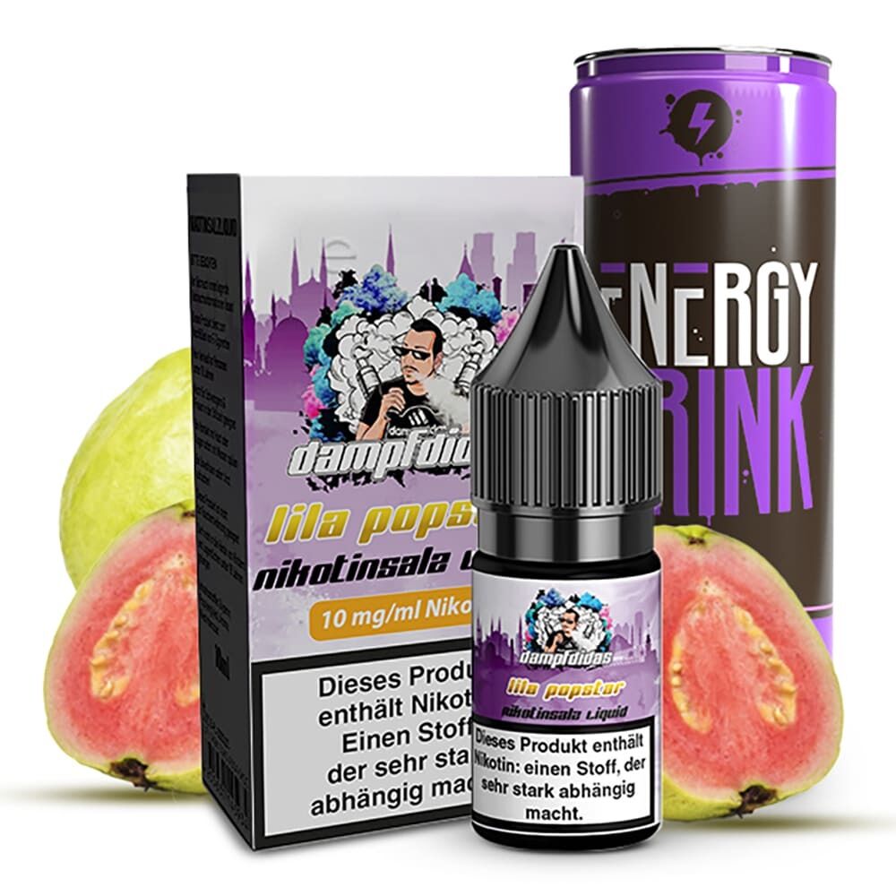 Liquid Lila Popstar 10mg - Dampfdidas Dampfdidas Nikotinsalz Lila Popstar 10mg Flasche vor Verpackung und Energiegetränkedose, zwei Guaven im Hintergrund.