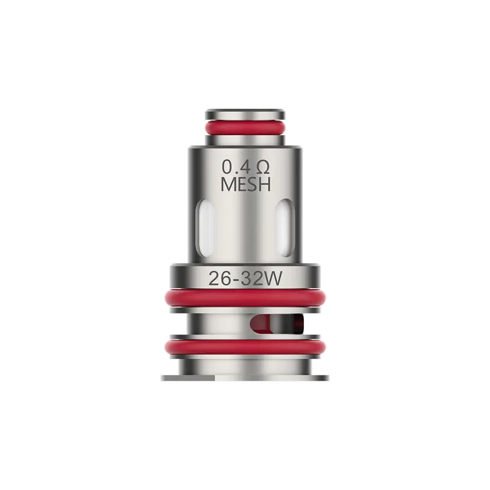Vaporesso GTX Coils 0,4 Ohm, Mesh, Edelstahl mit roten Dichtungen, beschriftet mit 26-32W und ovalen Öffnungen