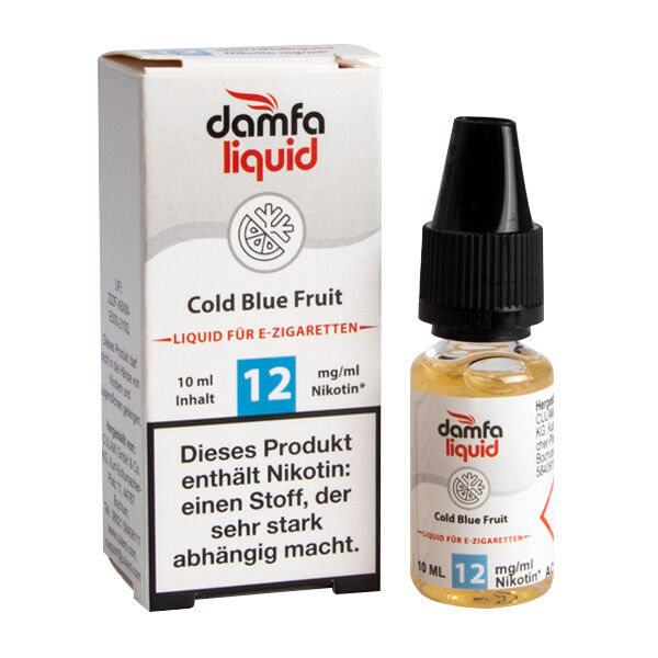 Liquid Cold Blue Fruit 12mg - damfaliquid Damfaliquid Cold Blue Fruit 12 mg Liquid für E-Zigaretten, 10 ml Flasche und Verpackung mit Nikotin-Warnhinweis