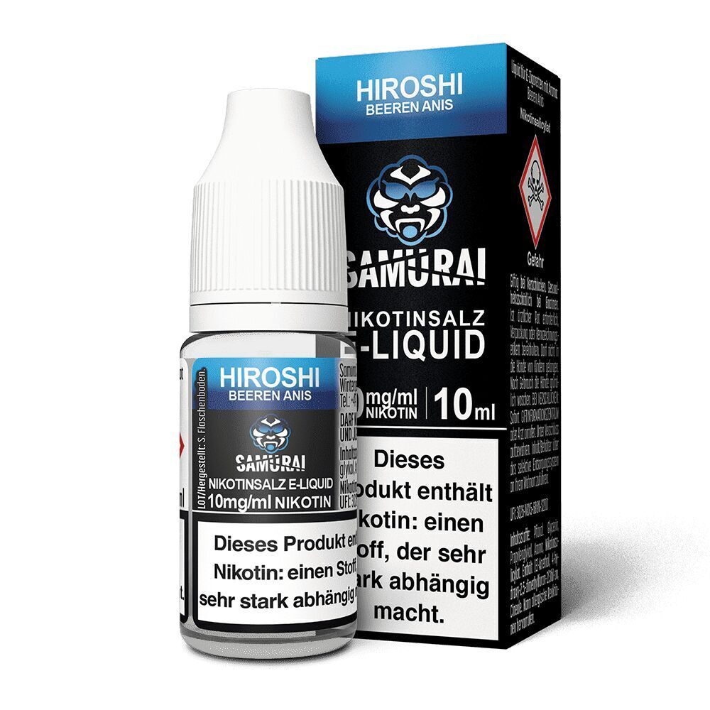 Liquid Hiroshi Beeren Anis 10mg - Samurai Flasche und Verpackung von Samurai Nikotinsalz Hiroshi Beeren Anis E-Liquid mit 10mg Nikotin, Labels mit Warnhinweisen.