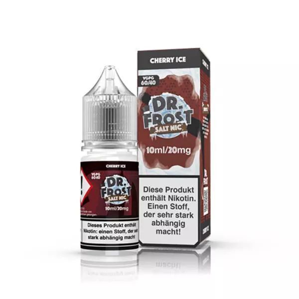 Liquid Cherry Ice mit 20mg Nikotin von Dr. Frost Dr. Frost Cherry Ice 20mg Nikotinsalz-Flasche neben Verpackung, beide mit roten grafischen Elementen und Hinweisen auf Nikotingehalt.