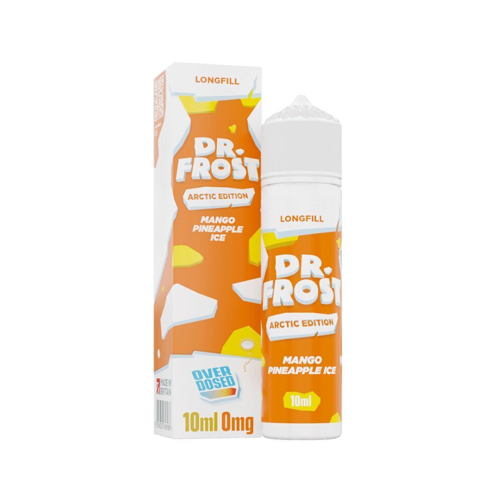 Aroma Mango Pineapple Ice - Dr. Frost Dr. Frost Longfill Flasche und Verpackung mit orange-gelbem Design, Beschriftung „Mango Pineapple Ice“, 10 ml, 0 mg Nikotin