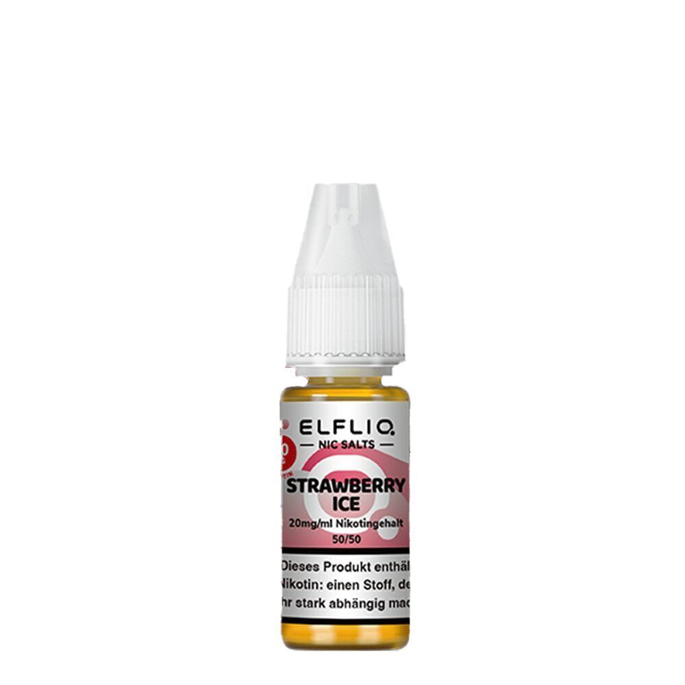 Elfliq Nikotinsalz - Strawberry Ice 20mg Elfliq Nikotinsalz-Flasche mit Erdbeer-Eisgeschmack, 20mg/ml Nikotingehalt, etikettiert mit Warnhinweis, weißer Verschluss, goldene Flüssigkeit.