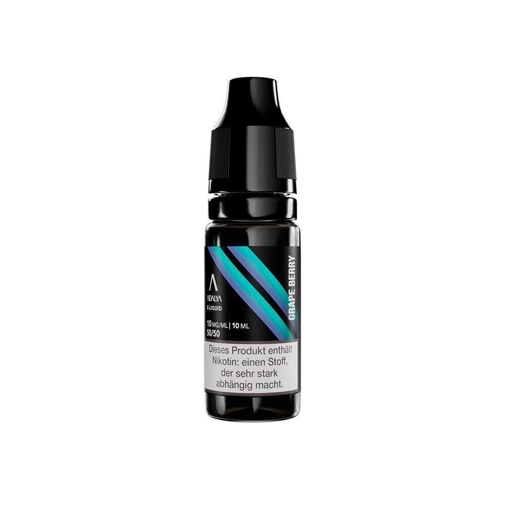 Liquid Grape Bery 10mg - Adalya Nikotinsalz Adalya Nikotinsalzflasche mit dem Label "Grape Berry", enthält 10 mg/ml Nikotin, Warnhinweis zu Abhängigkeit auf dem Etikett.