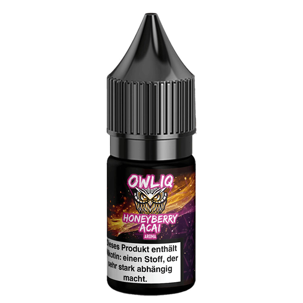 Owliq Nikotinsalz - Honeyberry Acai Owliq Nikotinsalz Honeyberry Acai Flasche mit schwarzem Deckel und prominentem Eulenlogo; Warnhinweis auf Nikotinsucht sichtbar