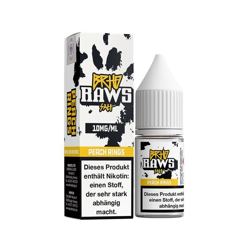 Liquid Peach Rings von BRHD BRHD Nikotinsalz Peach Rings 10mg/ml Flasche und Verpackung, Markentext und Warnhinweis über Nikotinabhängigkeit sichtbar