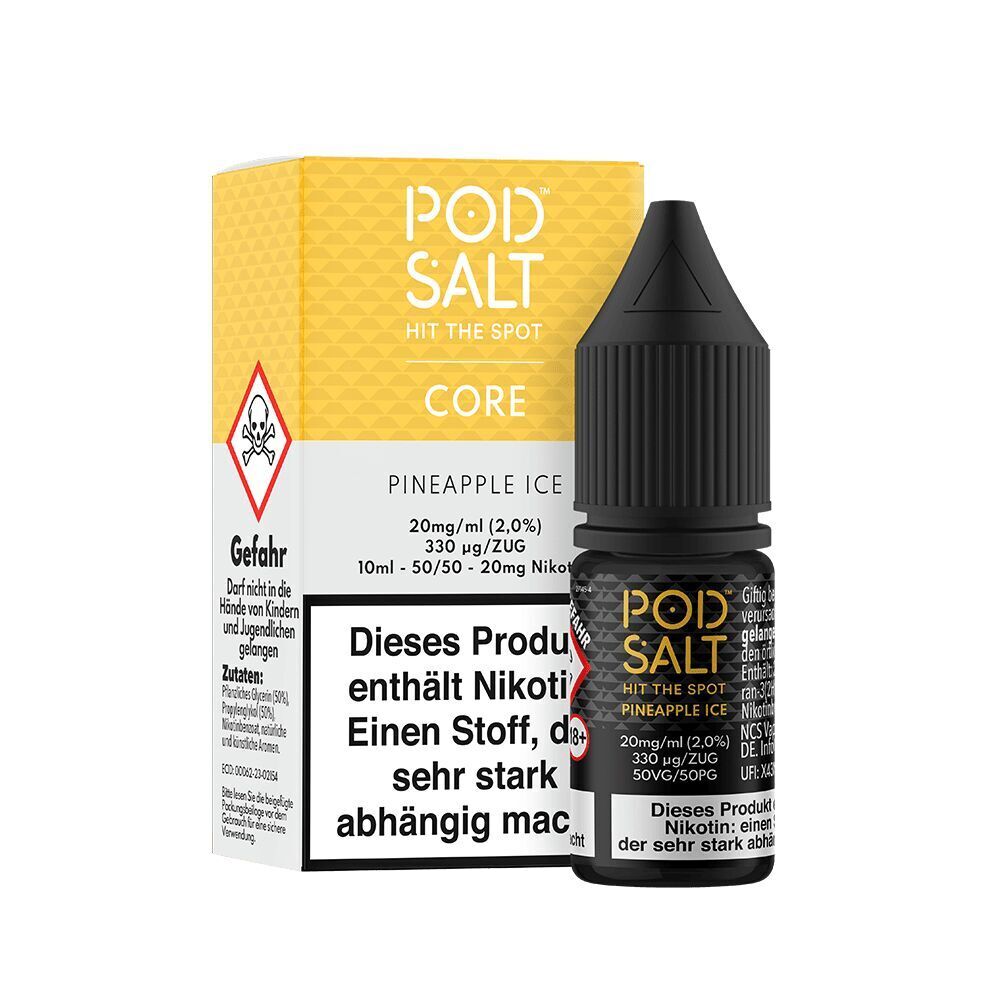 Liquid Pineapple Ice mit 20mg Nikotin von Pod Salt Core Pod Salt Core Nikotinsalz-Flasche und Verpackung mit Pineapple Ice 20mg Design, Warnhinweisen und Inhaltsangaben auf gelbem Hintergrund.