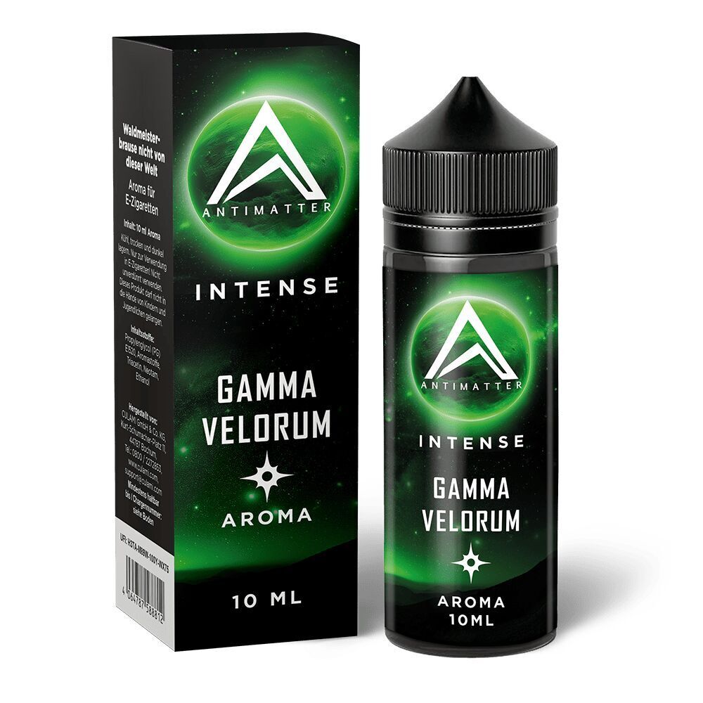 Antimatter Intense Aroma Gamma Velorum Flasche und Verpackung mit grünem Design und Logo, 10 ml, für E-Zigaretten.