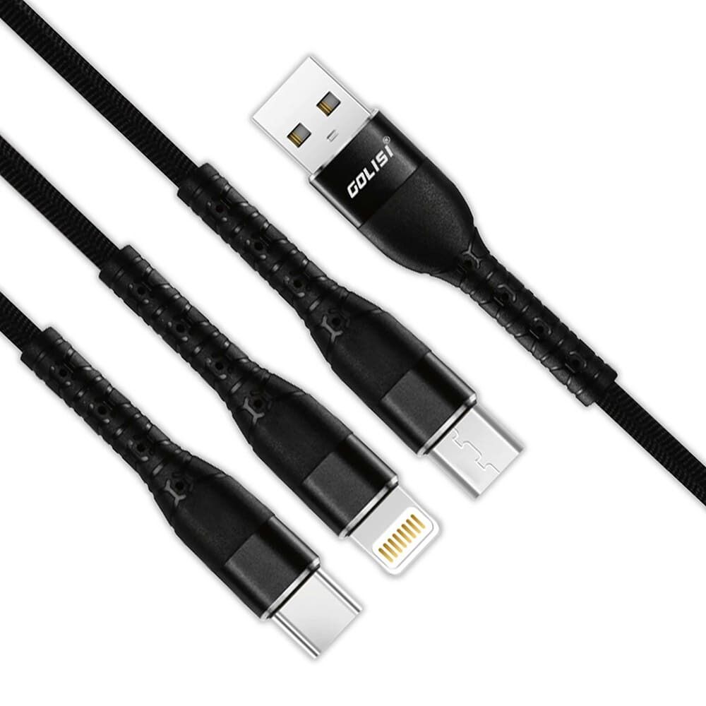 Golisi GL-A06 USB Kabel Golisi GL-A06 USB-Kabel mit drei Anschlüssen: USB-A, USB-C und Micro-USB, schwarze Ummantelung, sichtbares Golisi-Branding