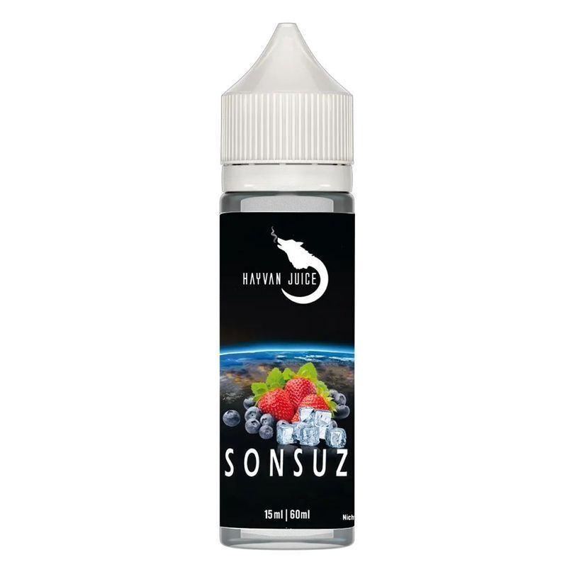 Aroma Sonsuz von Hayvan Juice Hayvan Juice Aroma - Sonsuz Flasche mit Erdbeeren, Blaubeeren und Eiswürfeln vor Planetenansicht, 15ml bis 60ml Inhalt, schwarze Etikette