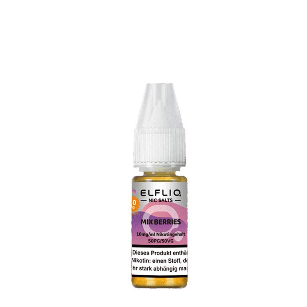 Elfliq Nikotinsalz - Mix Berries 10mg Elfliq Nikotinsalz Mix Berries E-Liquid-Flasche mit 10mg/ml Nikotingehalt und 50PG/50VG-Mischung, etikettiert in Lila und Weiß